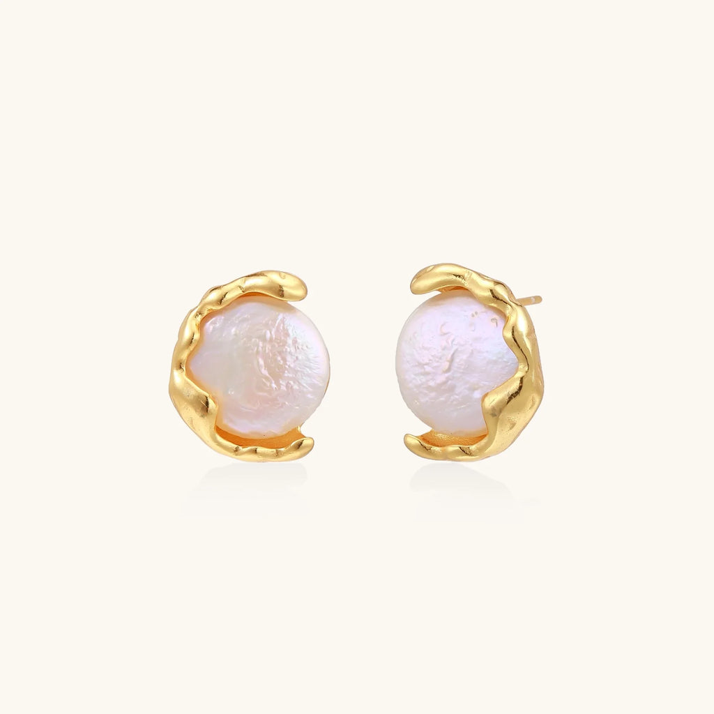 Gold vermeil studs with lustrous pink freshwater pearls in organic crescent settings