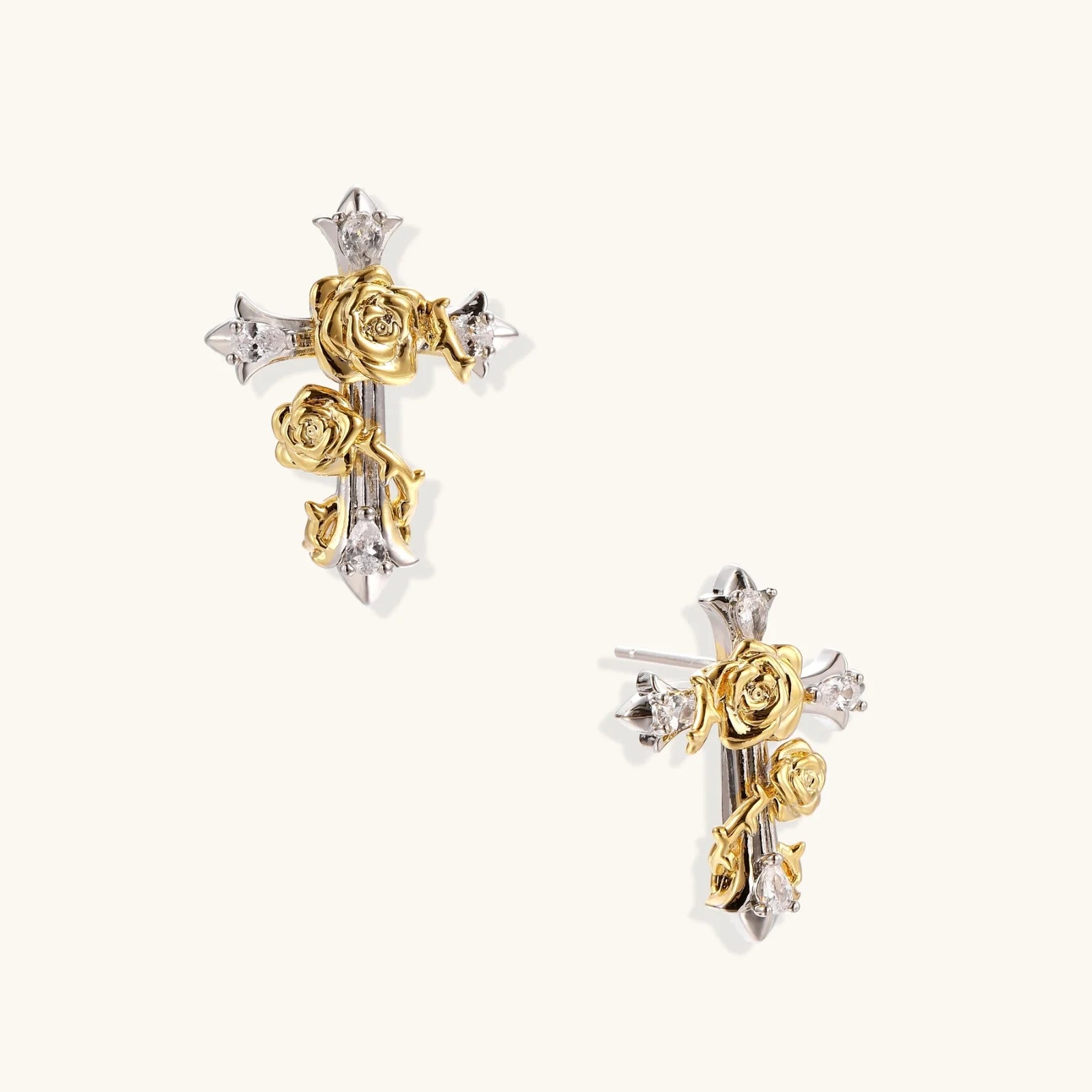 Two-tone cross earrings with gold roses and clear crystals on silver base, gothic romantic style