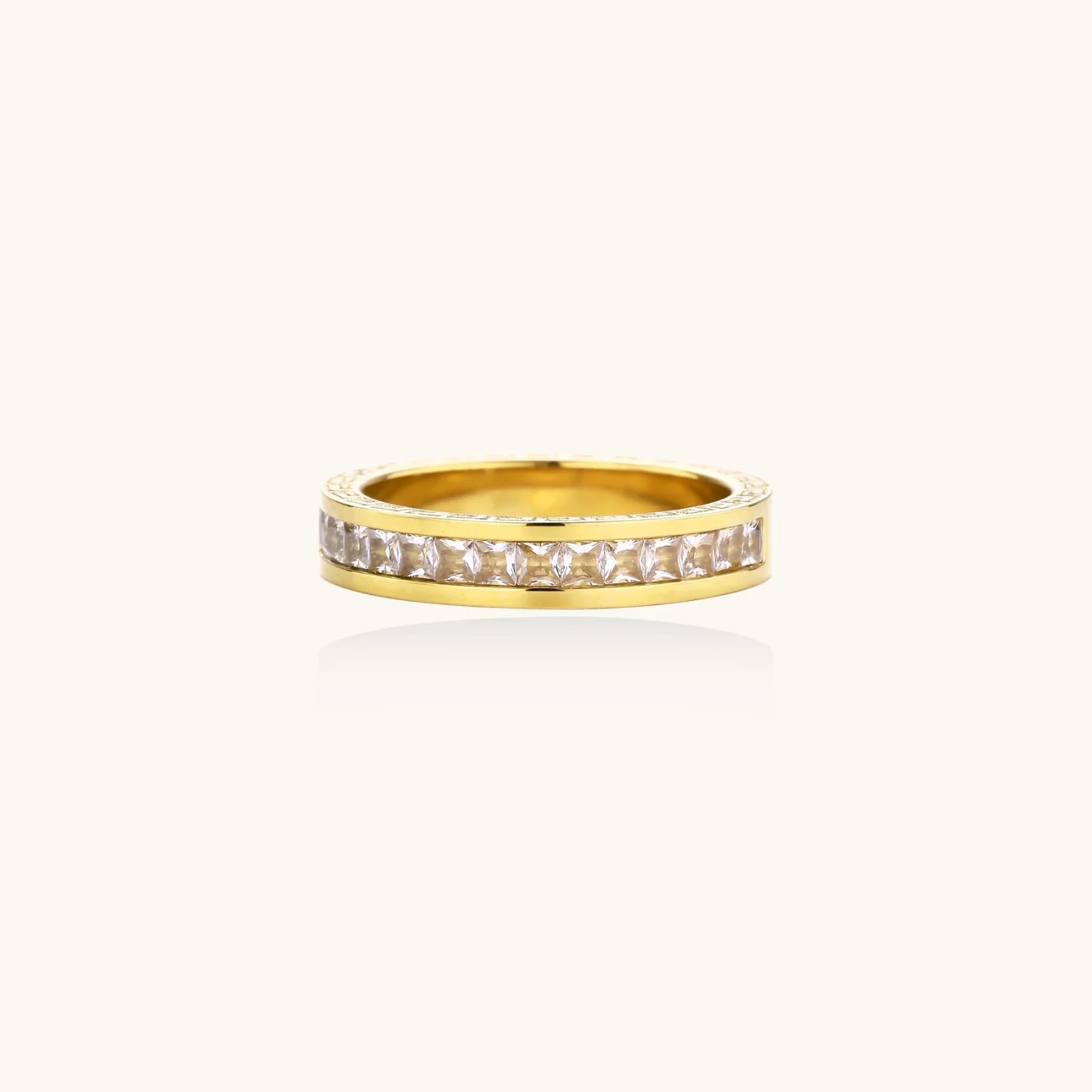 14K gold-plated band with channel-set zirconia and Greek key pattern engraving on polished finish