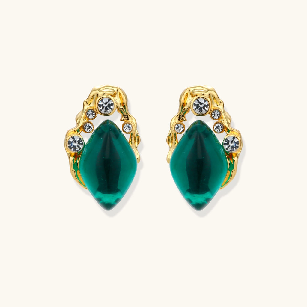 Gold-plated stud earrings featuring teardrop emerald green liuli stones with cubic zirconia crystal accents on white background.