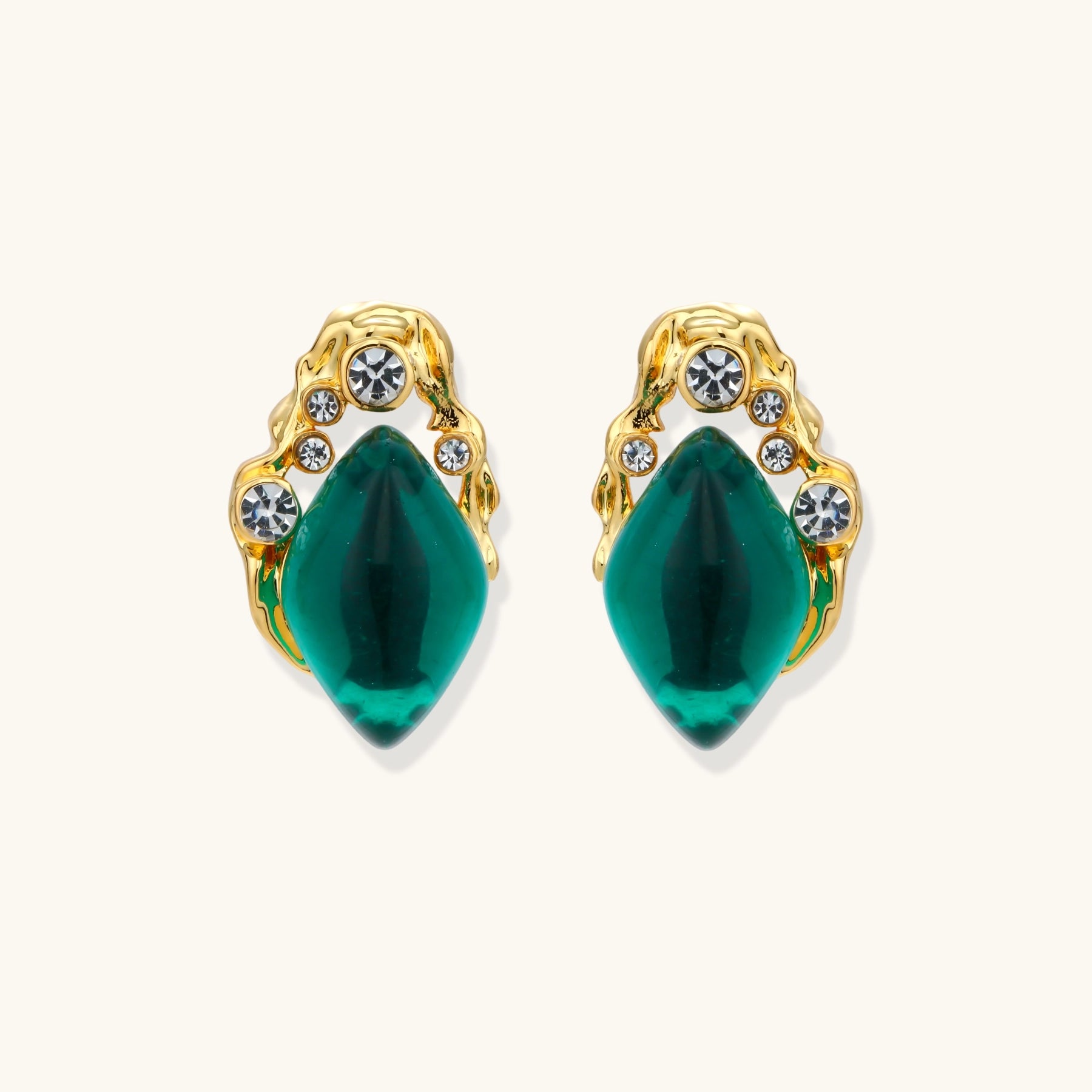Gold-plated stud earrings featuring teardrop emerald green liuli stones with cubic zirconia crystal accents on white background.